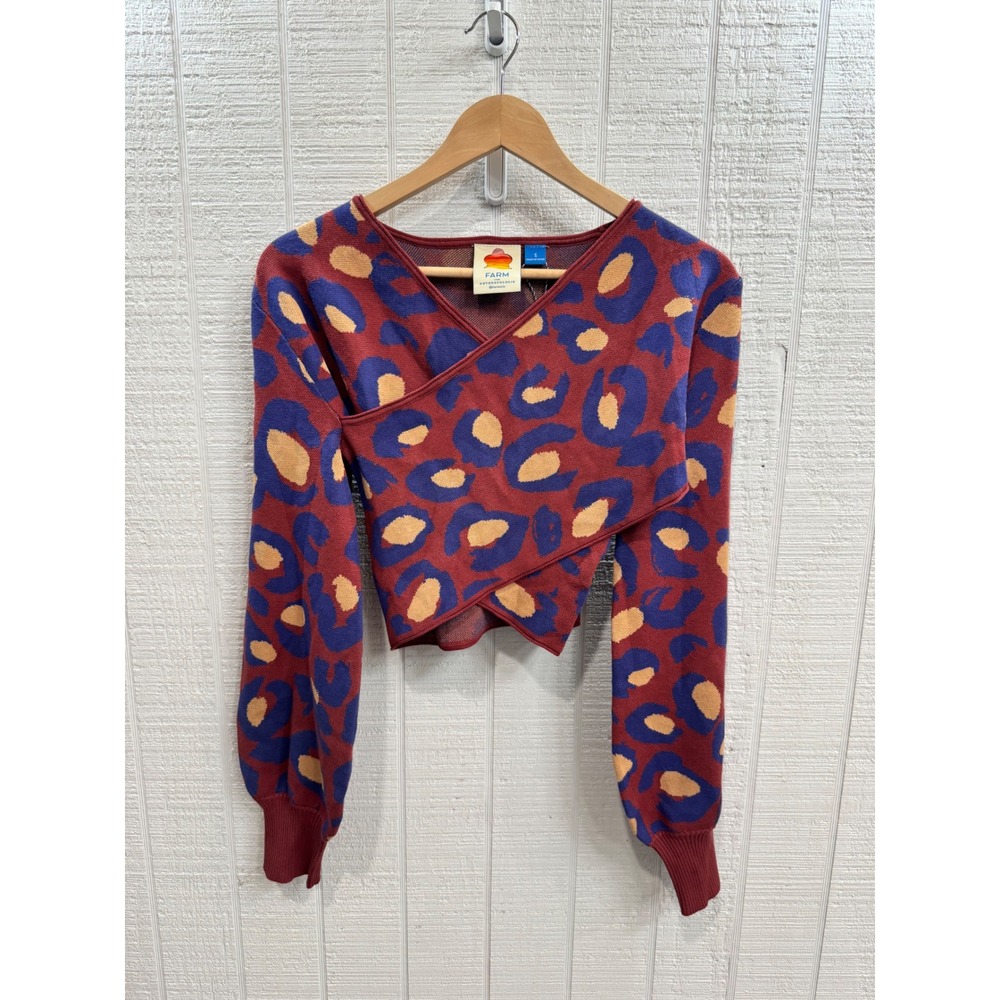 Farm Rio Anthropologie Wrap Sweater Womens Burgundy Leopard Print Crop Small